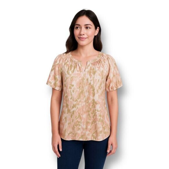 Talbots Petite PS Pink Satin Top NWT Abstract Ruffle Neck Short Sleeve Blouse - Picture 1 of 7